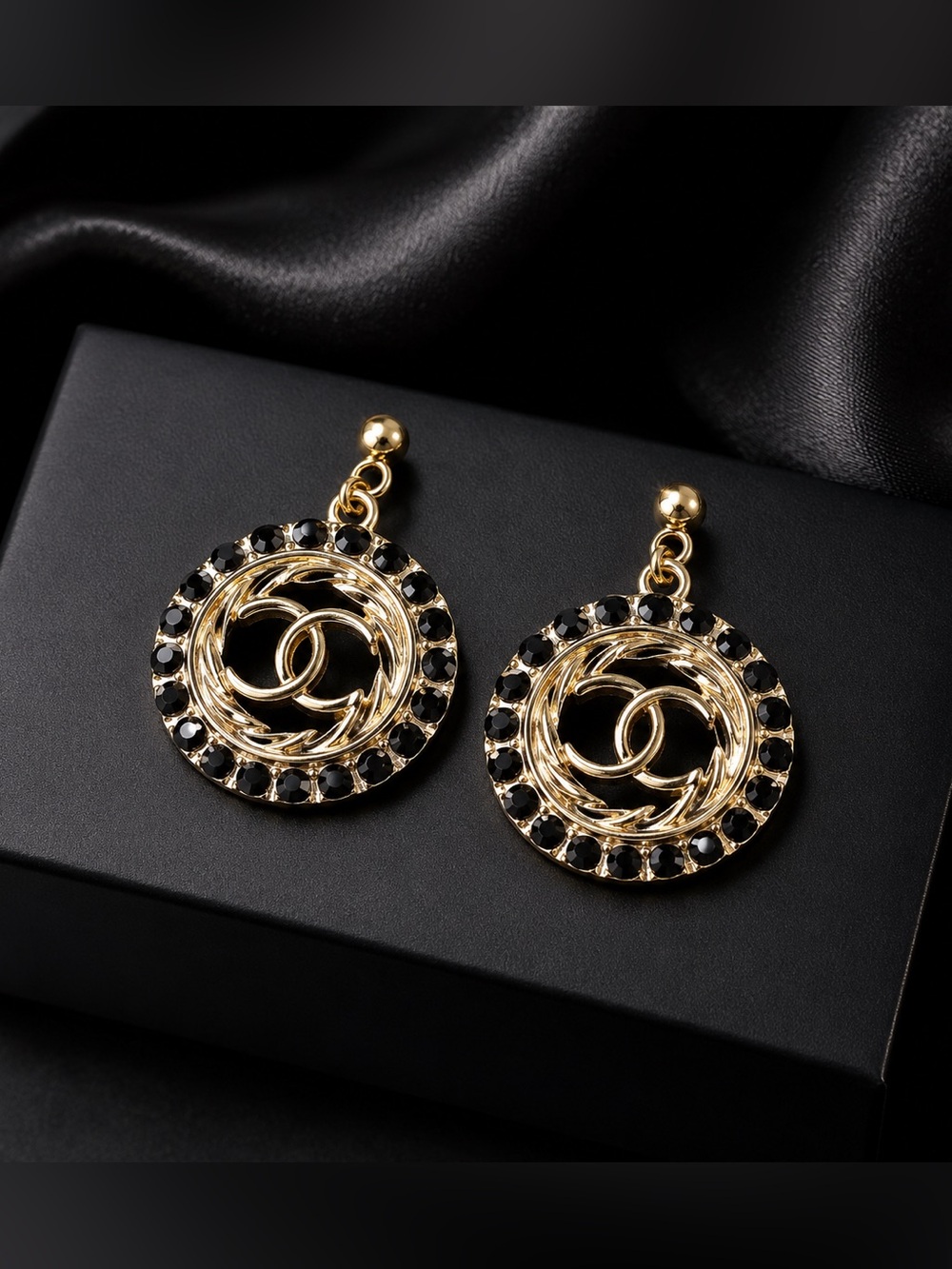 CHANEL Gold-Tone Drop Earrings with Black Crystals